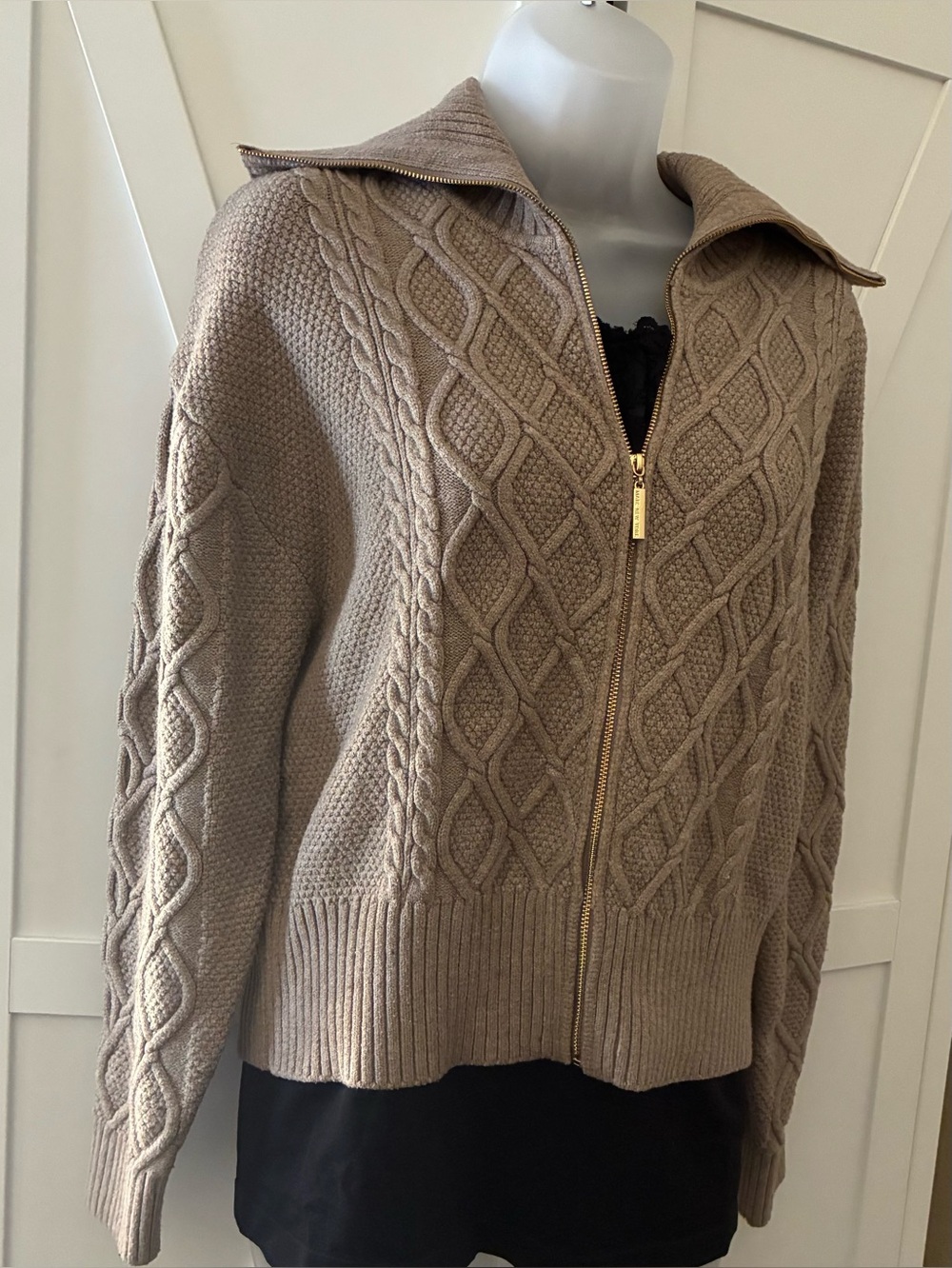 Marc New York Beige Cable-Knit Zip Cardigan with Gold Zipper